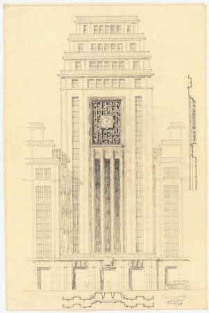 Verlagshaus des Scherl-Verlages, Berlin Turm: Ansicht 1:100, Schnitt, Variante der Fassaden-Ornamentierung