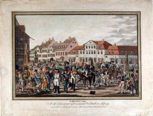 Schlachtszene in der inneren Grimmaischen Vorstadt in Leipzig mit dem Einzug von Verwundeten aus Liebertwolkwitz