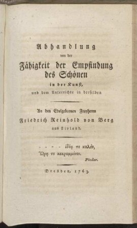 Abhandlung von der Fähigkeit der Empfindung des Schönen in der Kunst, und dem Unterrichte in derselben
