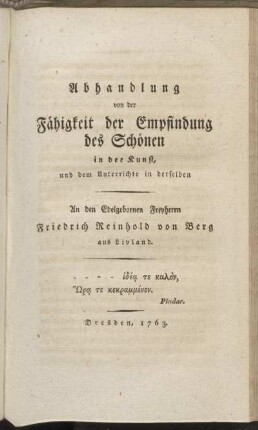 Abhandlung von der Fähigkeit der Empfindung des Schönen in der Kunst, und dem Unterrichte in derselben