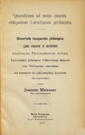 Quaestiones ad usum casuum obliquorum Lucretianum pertinentes : Diss. inaug.