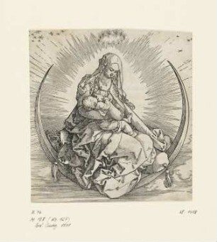 Maria auf der Mondsichel, Titelblatt aus: Albrecht Dürer, "Epitome in Divae Parthenices Mariae Historiam ab Alberto Durero Norico per figuras digestam cum versibus annexis Chelidonii", Nürnberg 1511