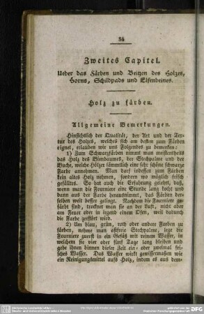 Zweites Capitel. Ueber das Färben und Beitzen des Holzes, Horns, Schildpads und Elfenbeines