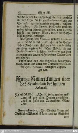 Kurtze Anmerckungen über das Symbolum des heiligen Athanasii