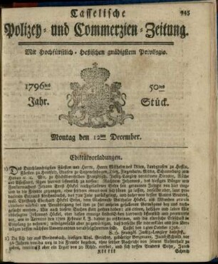 50tes Stueck, Montag den 12ten December 1796
