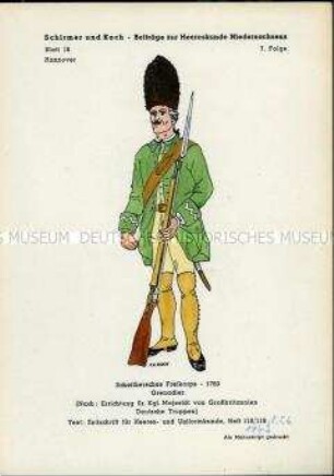 Uniformdarstellung, Grenadier des Scheitherschen Freikorps, Kurfürstentum Hannover, 1760.