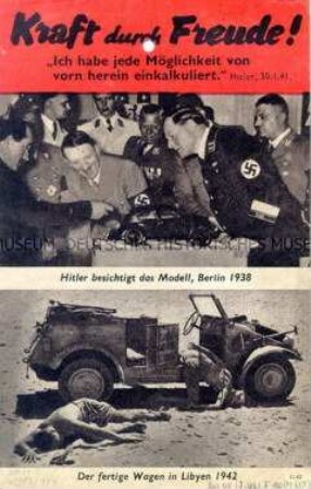 Bebildertes anglo-amerikanisches Abwurf-Flugblatt zum Einsatz des geplanten "KdF-Wagens" als Kriegsfahrzeug