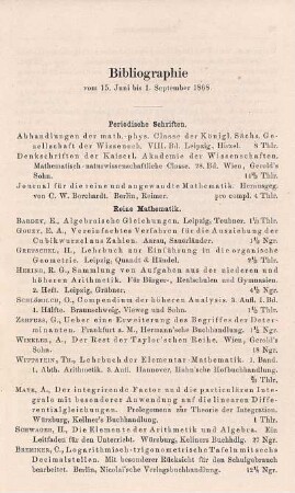 Bibliographie vom 15. Juni bis 1. September 1868.