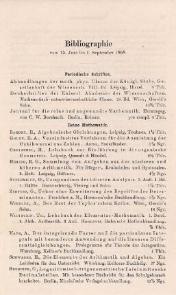 Bibliographie vom 15. Juni bis 1. September 1868.