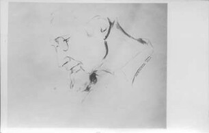 Männerkopf Prof. R. (Hans Richter). Kohlezeichnung (1938; E. Richter). Dresden-Südvorstadt, Eisenstuckstraße, Atelier der Künstlerin