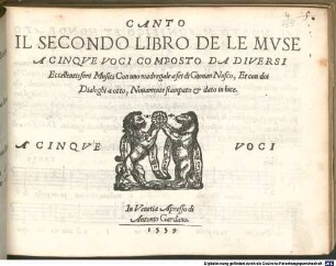 IL SECONDO LIBRO DE LE MVSE A CINQVE VOCI COMPOSTO DA DIVERSI Eccellentissimi Musici Con uno madregale a sei di Giouan Nasco, Et con doi Dialoghi a otto