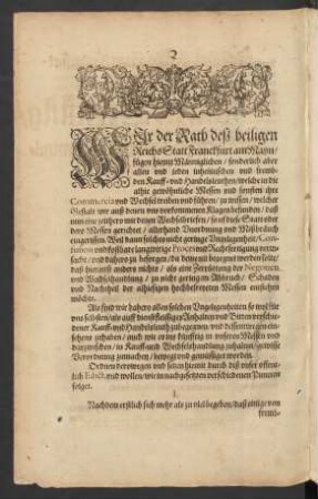 Wir der Rath deß heiligen Reichs Statt Franckfurt am Mayn ...