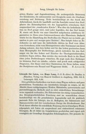 524-525 [Rezension] Lang, Hugo, Liturgik für Laien