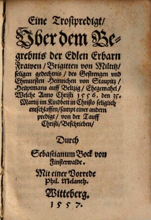Eine Trostpredigt über dem Begrebniß der ... Brigitten von Miltitz