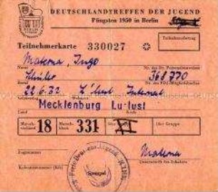 Teilnehmerkarte für das "Deutschlandtreffen der Jugend" 1950