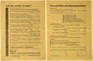 Programmatischer Aufruf der Reichsfachgruppe Hausangestellte zum Fernbleiben vom Volksentscheid gegen die Aufhebung der preußischen Gesindeordnung und Beitrittsaufruf zum Gesamtverband