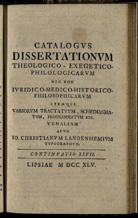 Continuatio XXVII. Lipsiae M DCC XLV.