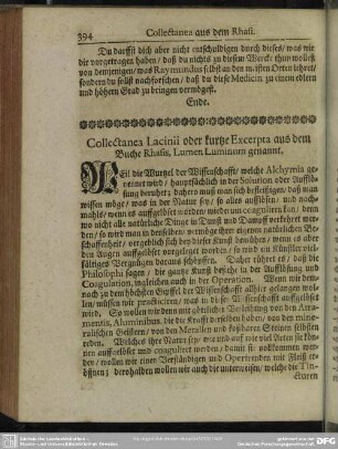 Collectanea Lacinii oder kurtze Excerpta aus dem Buche Rhasis, Lumen Luminum genannt