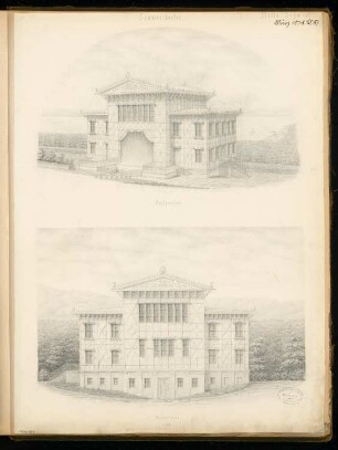 Sommertheater Monatskonkurrenz März 1878: Aufriss Rückansicht des Bühnenhauses 1:100; Maßstabsleiste. Perspektivische Ansicht