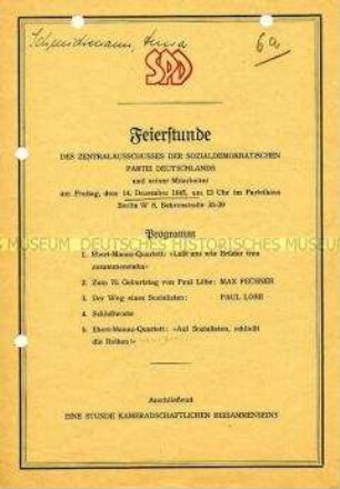 Programm zu einer Feierstunde des Zentralausschusses der SPD