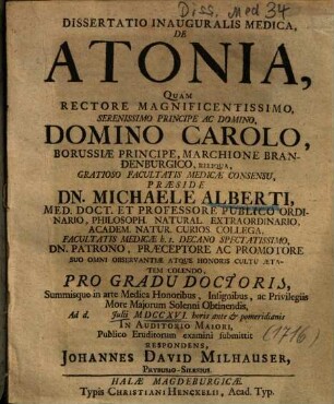 Dissertatio Inauguralis Medica, De Atonia