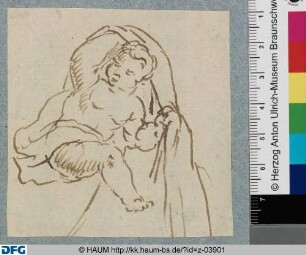 Auf einem Schild (?) sitzender Putto mit Draperie über dem Kopf nach links