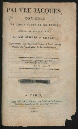 Pauvre Jacques : Comédie En Trois Actes Et En Prose, Mêlée De Vaudevilles