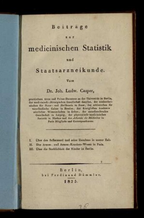 [1]: Beiträge zur medicinischen Statistik und Staatsarzneikunde. [1]