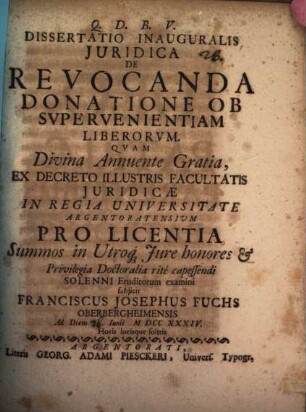 Diss. inaug. iur. de revocanda donatione ob supervenientiam liberorum