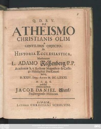De Atheismo Christianis Olim A Gentilibus Obiecto, Ex Historia Ecclesiastica