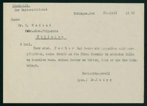 Mitteilung bezügl. Schuldenrückzahlung (22.04.1932)