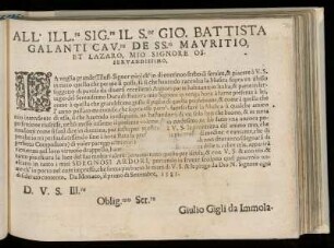 Dedikation an Giovanni Battista, Cavaliere de Santi Mauritio de Lazaro, von Giulio Gigli da Immola