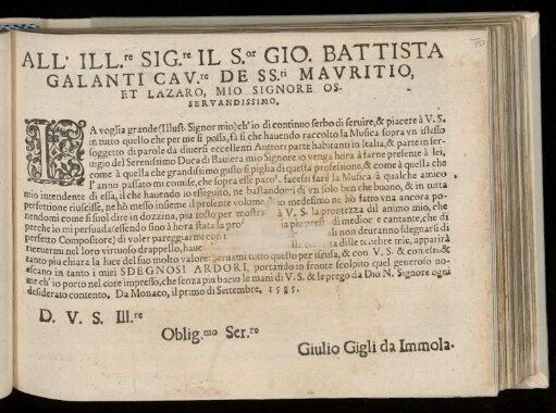 Dedikation an Giovanni Battista, Cavaliere de Santi Mauritio de Lazaro, von Giulio Gigli da Immola