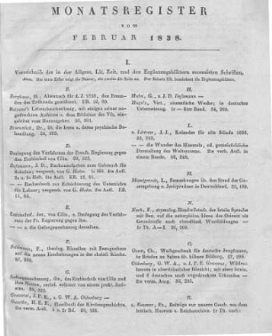 Monatsregister vom Februar 1838
