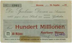Geldschein / Notgeld, 100 Millionen Mark, 26.9.1923