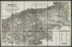 Umgebungskarte von Teplice, Tschechische Repunblik, 1:28 800, Kupferstich, 1832 : Teplitz mit seinen Umgebungen / auf Befehl des Kais. Königl. Oesterreichischen General Quartiermeister Stabes aufgenommen ... gestochen v. A. Withalm u. C. Stein. - 1:28 800. - [S.l.] , 1832. - 1 Kt. : Kupferst. ; 74 x 47 cm. - Ohne Kt.-Netz. - Mit Bergstrichen. - Inselkt.
