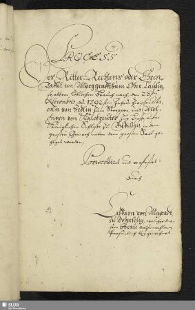Process des Ritter-Rechtens oder Ehren-Taffel im Marggraffthum Ober-Lausitz, so altem löblichen Brauch nach, von 26.ten Novembris des 1592ten Jahres zwischen Nicoln von Zedlitz [...] und Melchiorn von Kalckreuter [...] Protocolliret und verfaßet durch Casparn von Metzradt.