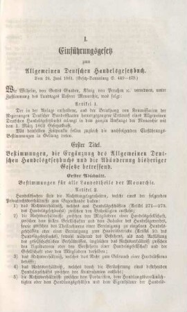I. Einführungsgesetz zum Allgemeinen Deutschen Handelsgesetzbuch. Vom 24. Juni 1861