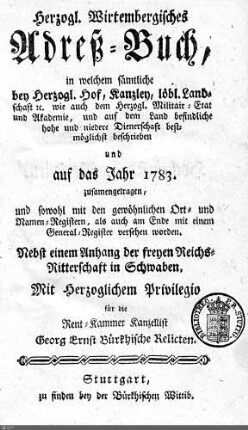 1783: Württembergisches Adressbuch, 1783