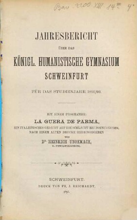 Jahresbericht des Königl. Humanistischen Gymnasiums Schweinfurt : für das Schuljahr ... 1891/92