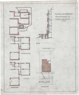 Billing, Hermann; Karlsruhe, Eisenlohrstr. 45; Haus Hornecker (Rothfuss) - Kläranlagensystem, Grundriss Keller, Grundriss EG, Grundriss 2. OG; Schnitt; Lageplan