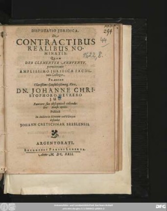 Disputatio Iuridica, De Contractibus Realibus Nominatis