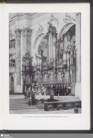 Ottobeuren, Klosterkirche, Kreuzaltar und Chorgestühl mit Orgel