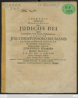 Dissertatio Historico-Politica De Iudiciis Dei