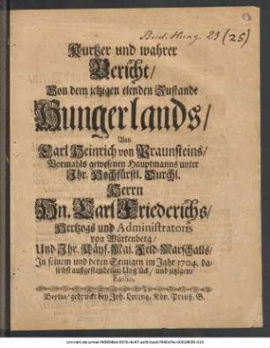Kurtzer und wahrer Bericht, Von dem jetzigen elenden Zustande Hungerlands