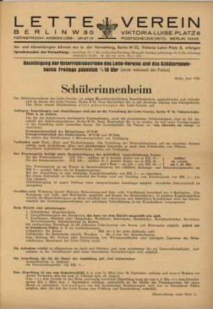 Prospekt des Schülerinnenheims im Lette-Verein