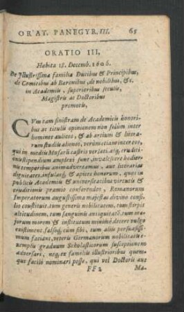 Oratio III. ... De Illustrissima familia ducibus & Principibus de comitibus ab Baronibus, de nobilibus ...