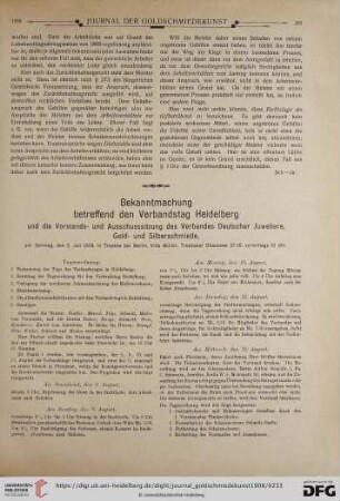 Bekanntmachung betreffend den Verbandstag Heidelberg und die Vorstands- und Ausschussitung des Verbandes Deutscher Juweliere, Gold- und Silberschmiede