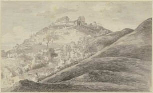 Blick auf die Wartburg vom Schloßberg aus, im Vordergrund ein kahler, nach rechts ansteigender Hang