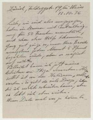 Brief von Raoul Hausmann an Elfriede Hausmann. Zürich